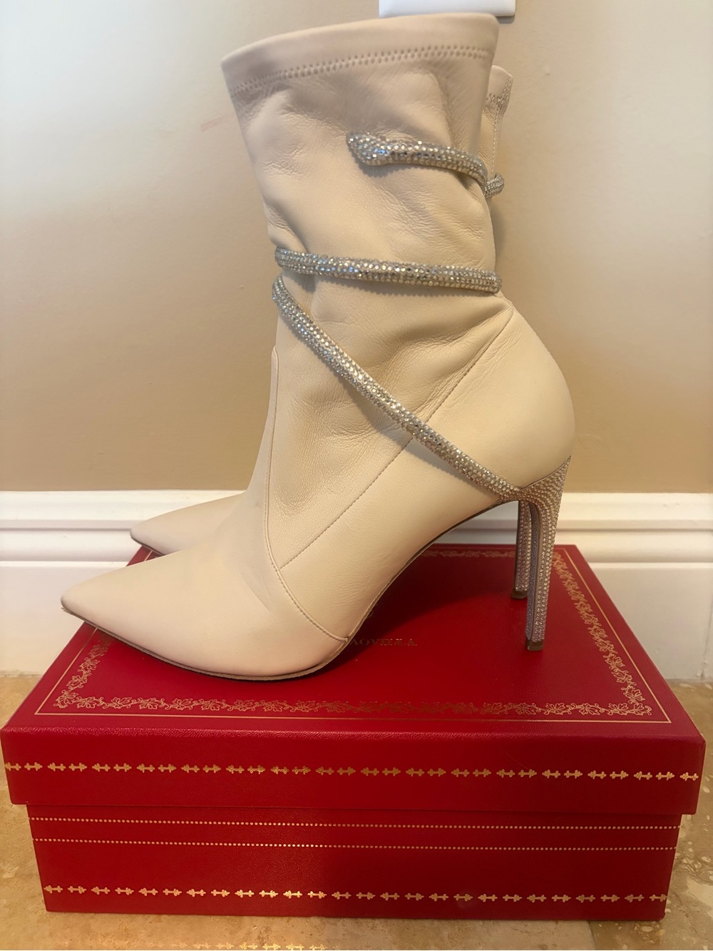 Rene Caovilla Cream Leather Pointed-Toe Stiletto Boots with Crystal Wrap size 40
